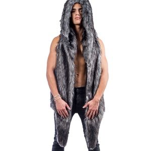 FURROCIOUS FURR Men’s Faux Fur Gray Wolf Hooded Vest for Festivals, Burning Man